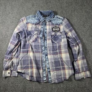 Atlast Classics Men's M Blue Multicolor Plaid Flannel Button-Up Harley-Davidson